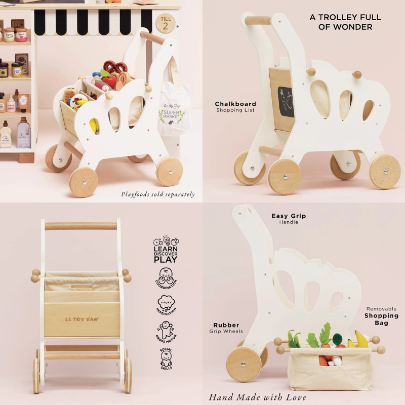 Le Toy Van Wooden Shopping Grocery Trolley & Bag