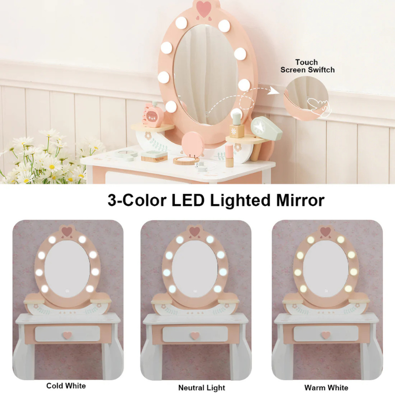 TookyToy Wooden Vanity Table with Light-Up Mirror & Stool