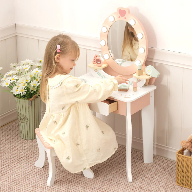 TookyToy Wooden Vanity Table with Light-Up Mirror & Stool