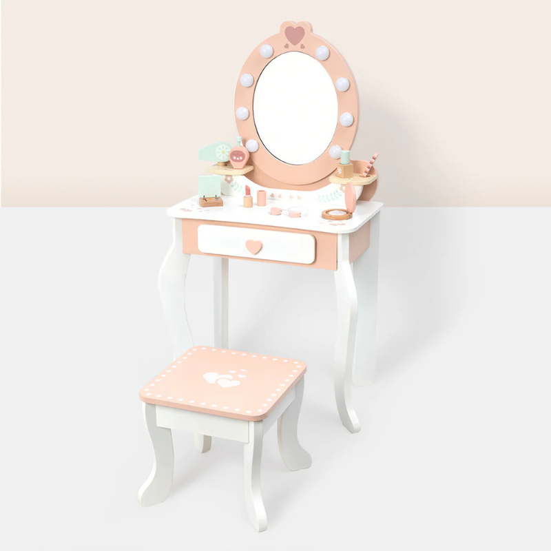 TookyToy Wooden Vanity Table with Light-Up Mirror & Stool