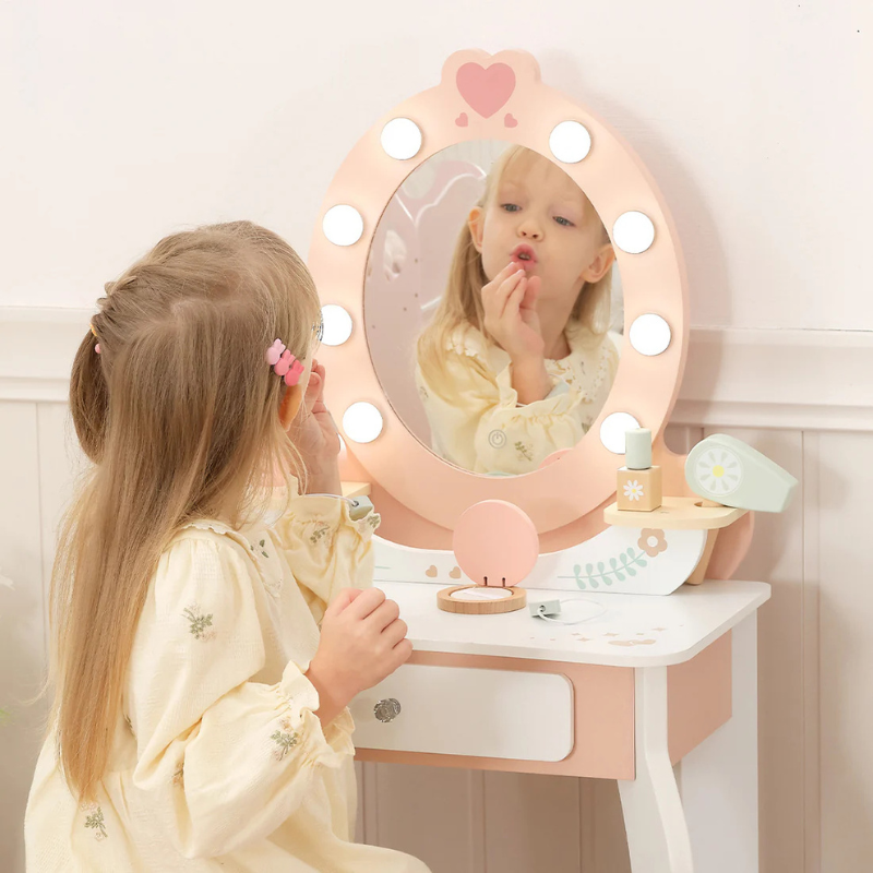 TookyToy Wooden Vanity Table with Light-Up Mirror & Stool