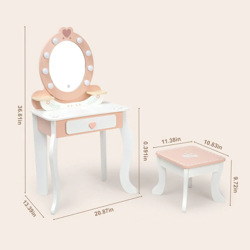 TookyToy Wooden Vanity Table with Light-Up Mirror & Stool