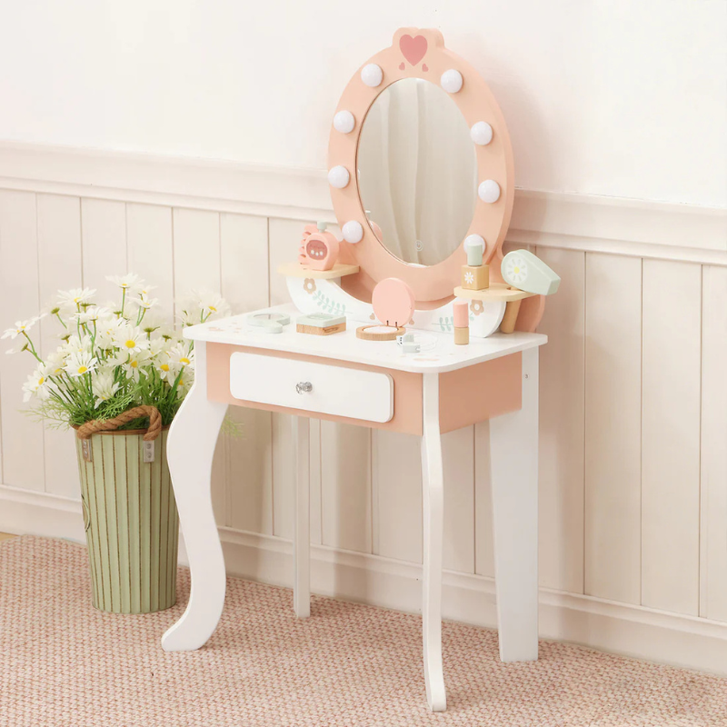 TookyToy Wooden Vanity Table with Light-Up Mirror & Stool