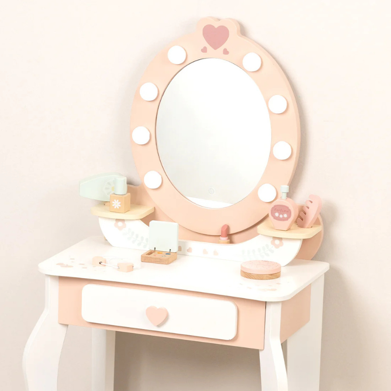 TookyToy Wooden Vanity Table with Light-Up Mirror & Stool