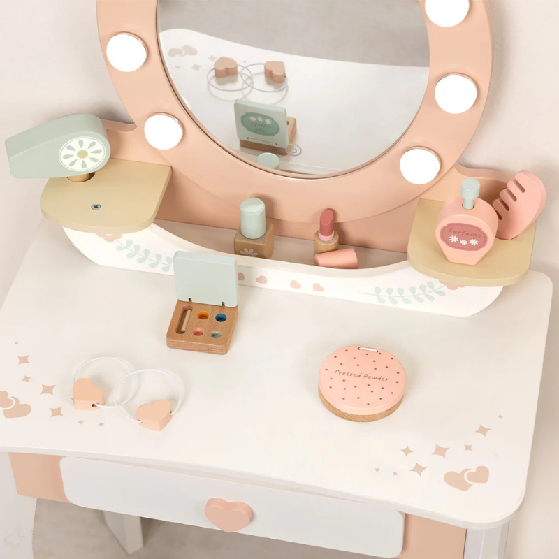 TookyToy Wooden Vanity Table with Light-Up Mirror & Stool