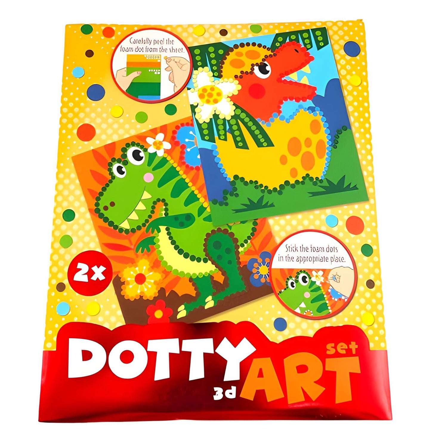 Dotty Art 3D set packaging with colorful dinosaur illustrations on a yellow background